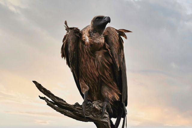 White Backed Vulture sitting in a tree and scouting the bush for food.