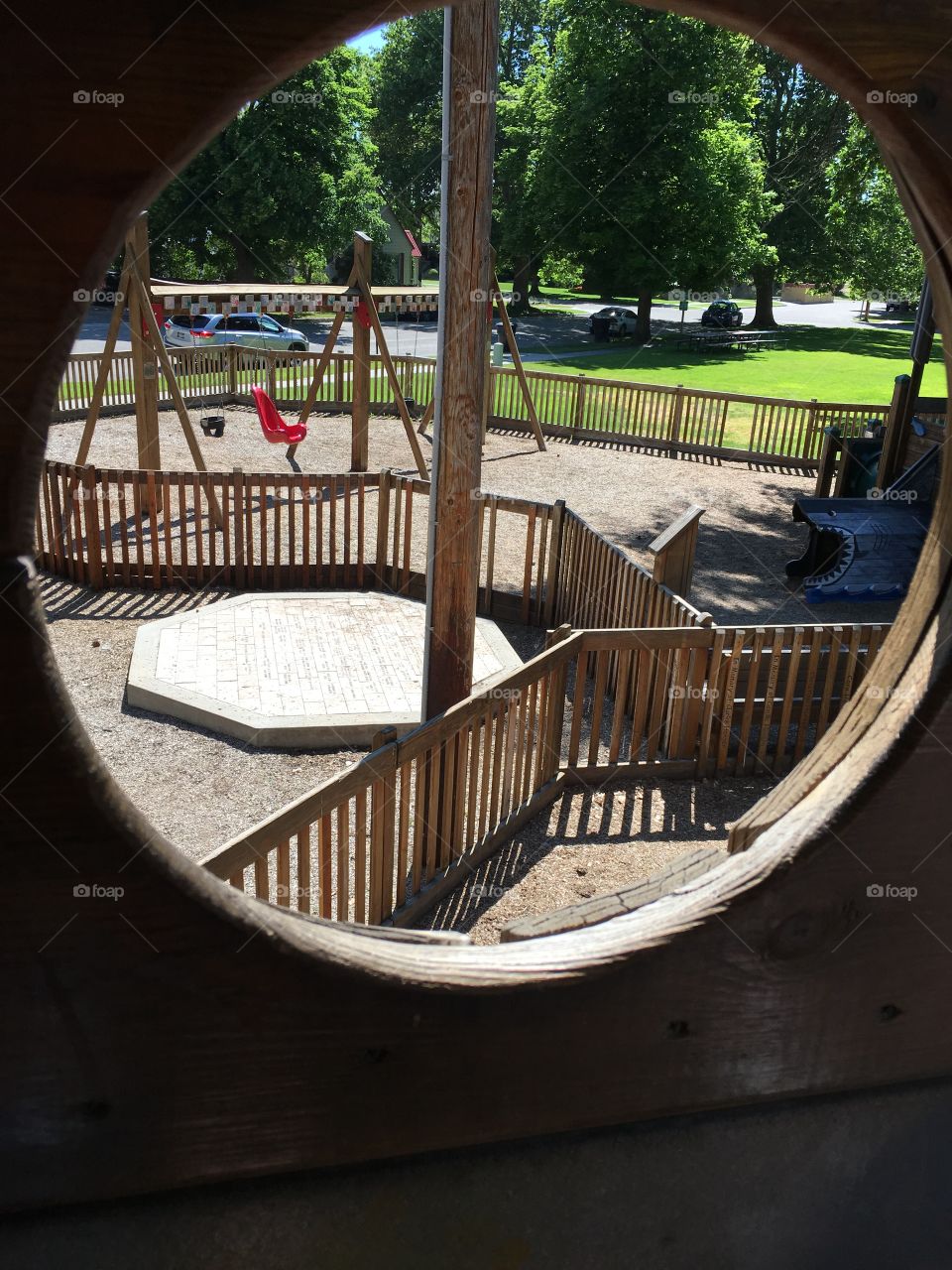 A circular view above a children’s park 