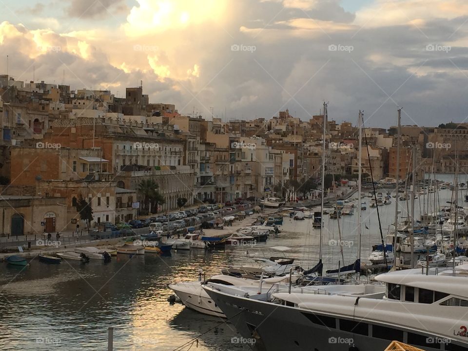 The marina in Malta at sunset