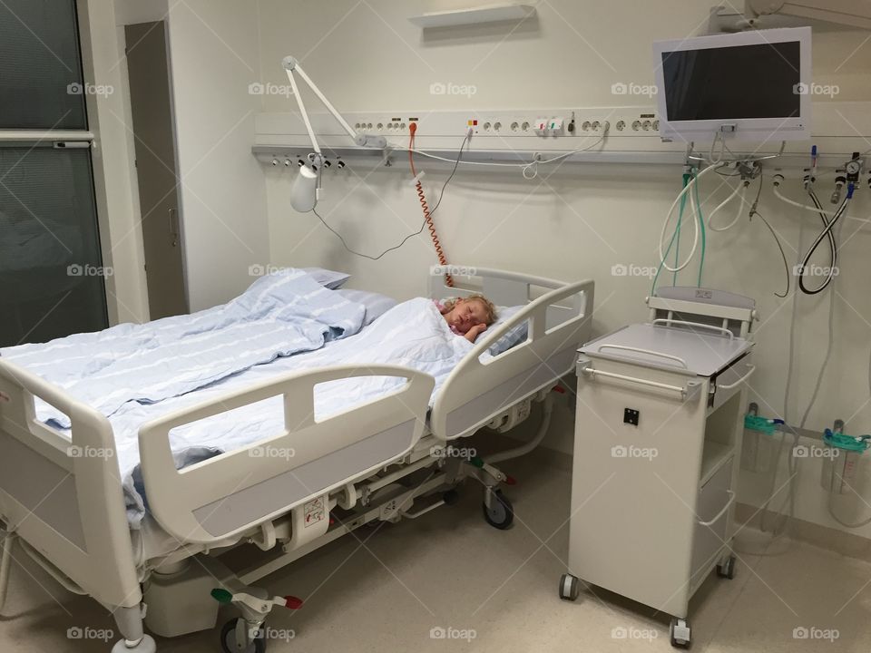 Little girl hospitalised in a hospital in Malmö Sweden. She is three years old. It's night and she is sleeping. The girl was not seriously hurt just under observation during one night.