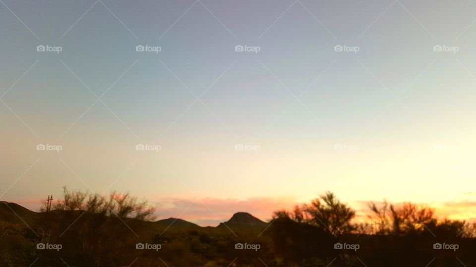 sunset, mountain, desert, trees, landscape, evening, outside