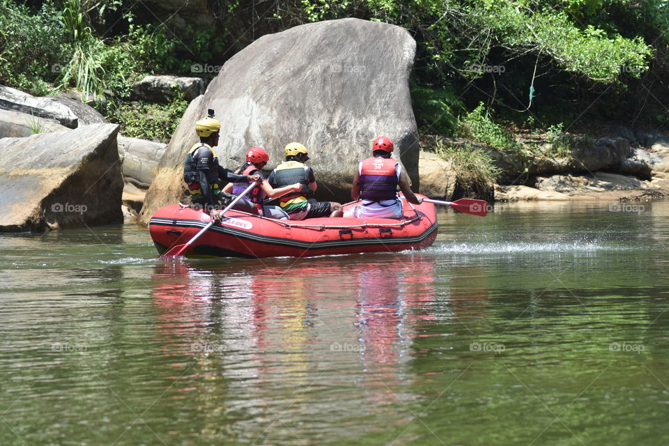 A group of white water rafting
