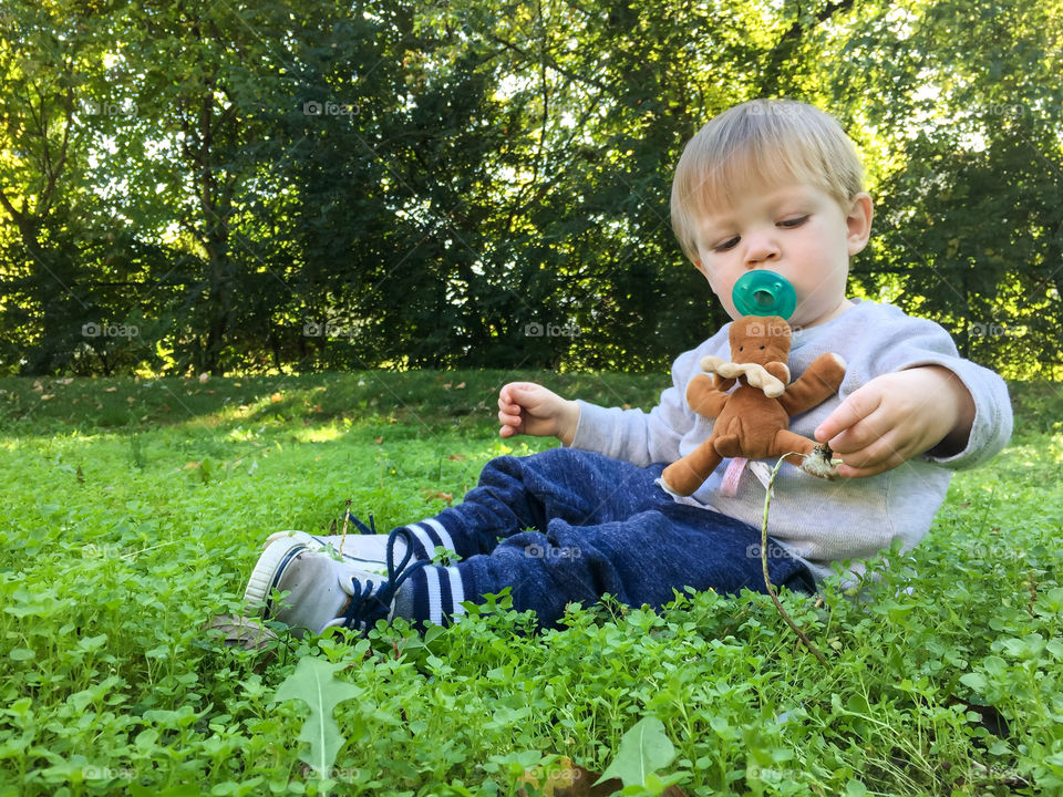 Cute 19 month toddler boy sitting in grass and playing with dandelion 