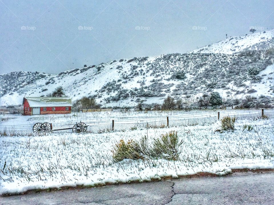Snowy mountain barn 