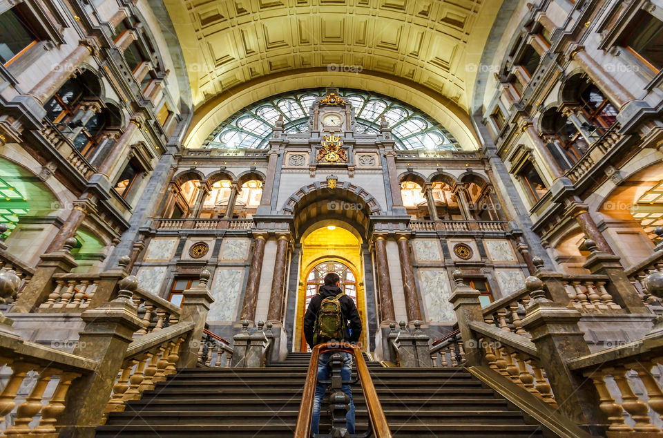 Rear view of a man standing on staircase in front of castle