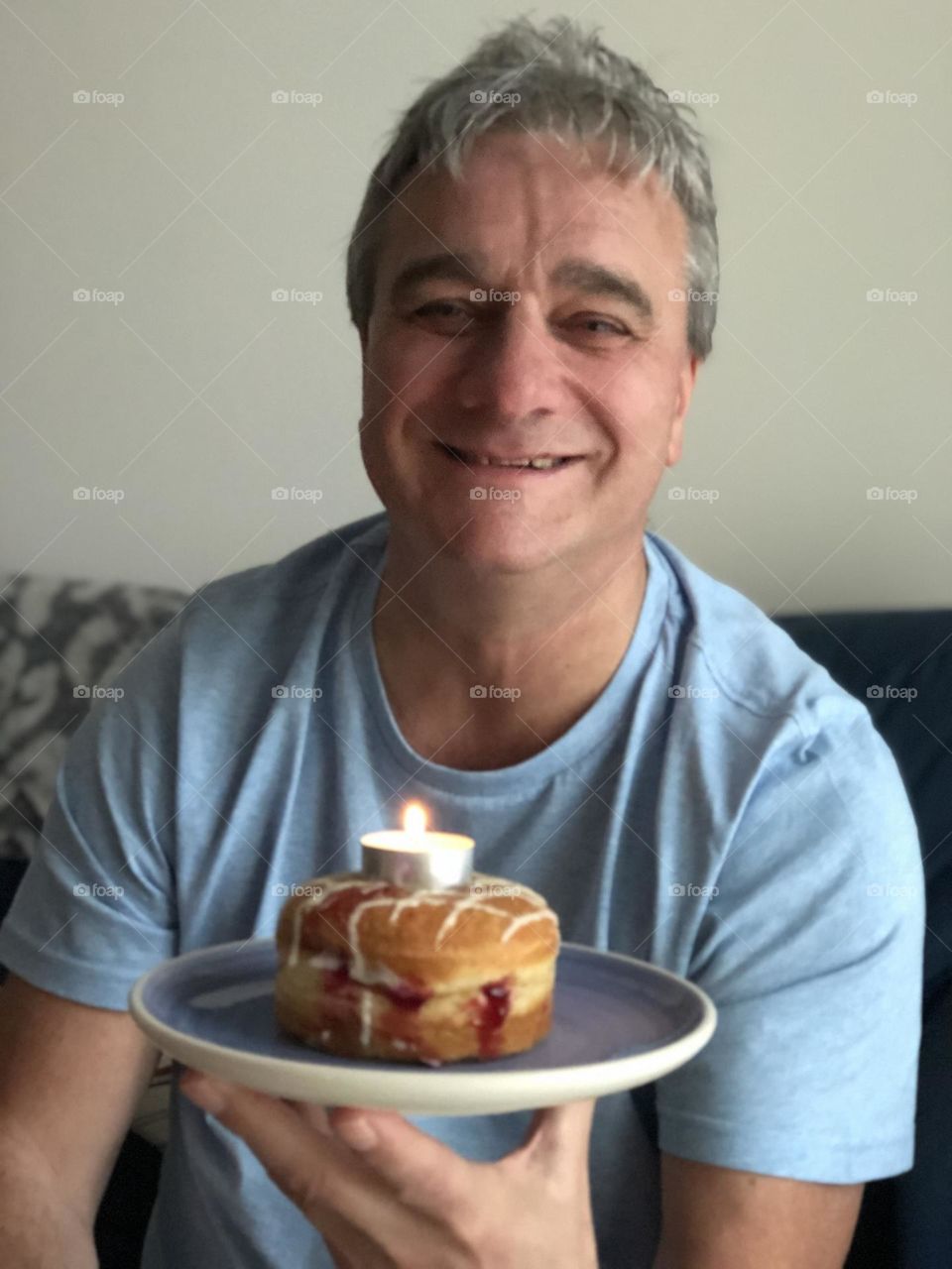 Energetic, portrait, male, product, doughnut, candle, happy