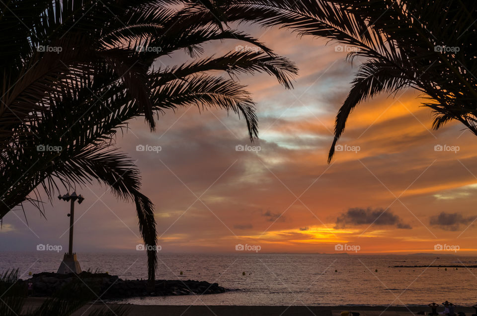 Sunset on the Playa de las Americas in Tenerife, Canary Islands, Spain