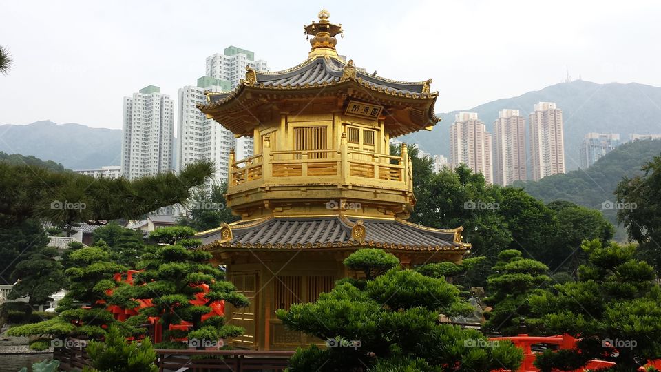 Old & new Hong Kong. Temple gardens in the midst of Hong Kong high rise