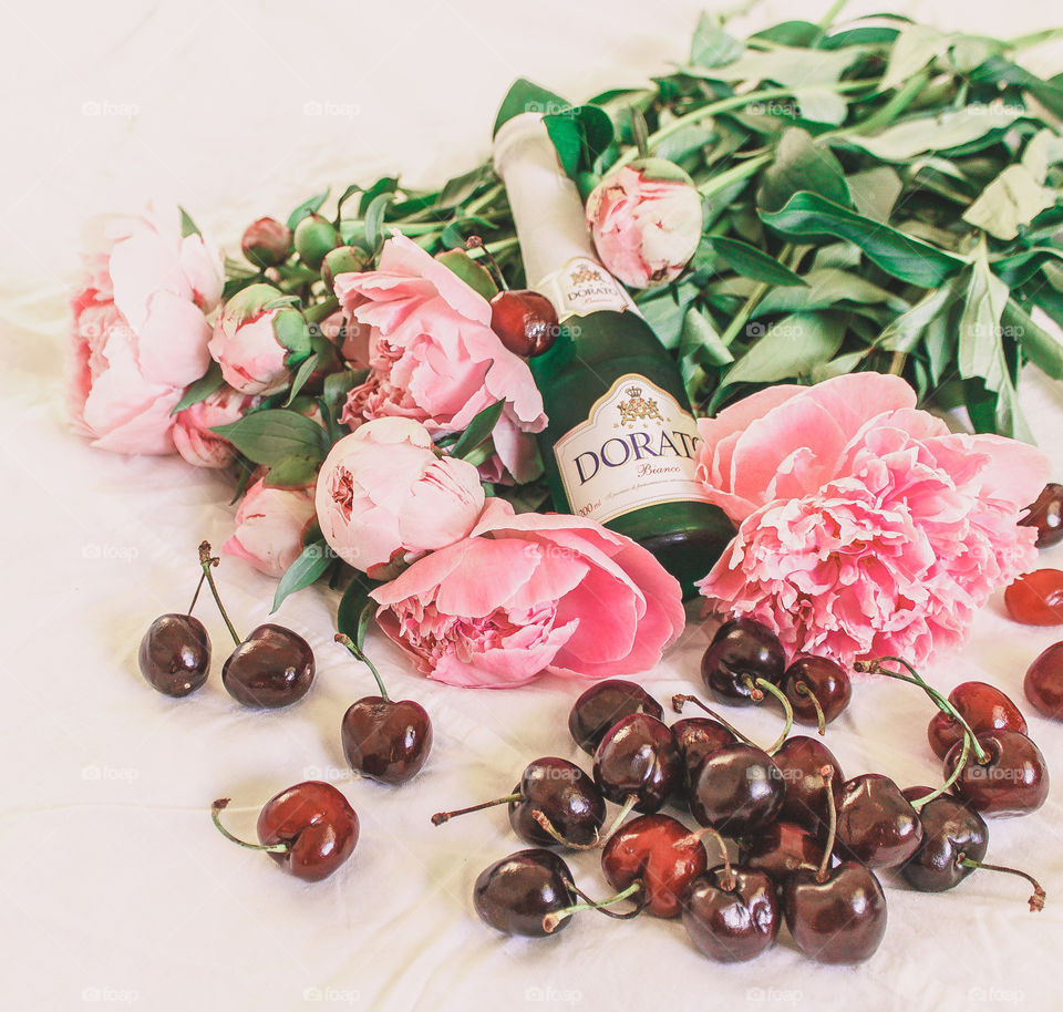 Morning with peonies and wine