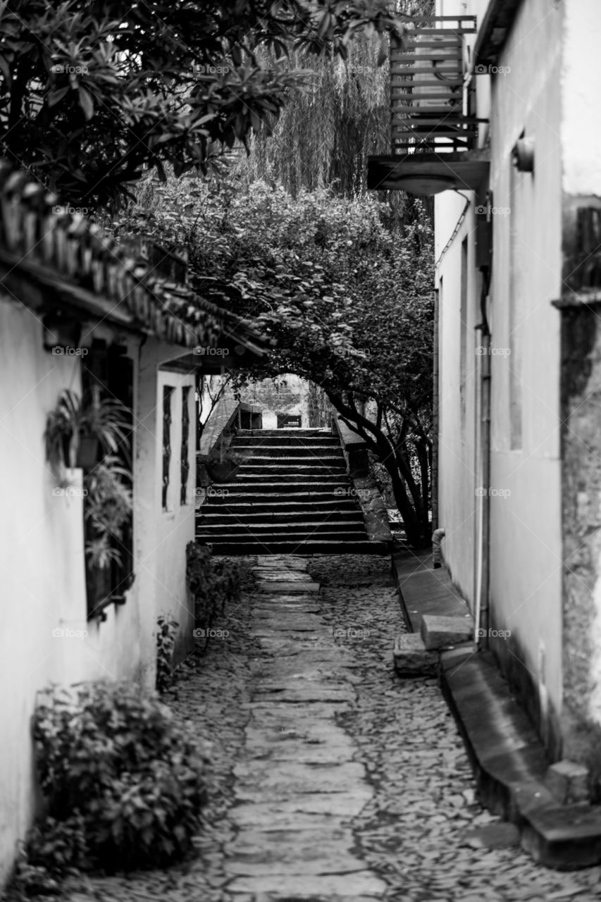 Asia china water town raining day old town side road black and white