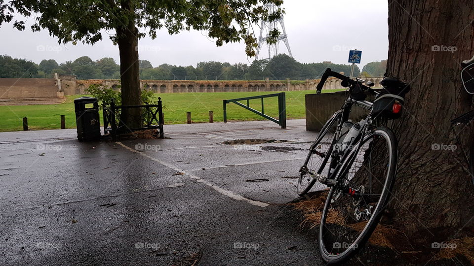A bike leans against a tree on a damp morning in Crystal Palace park, London,  UK
