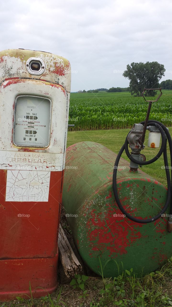 Gas Pump & Tank. Equipment found while visiting the family farm