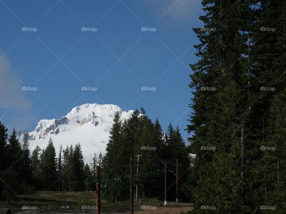 The magnificent Mt. Hood in Oregon’s Cascade Mountain Range covered in fresh springtime snow on a beautiful sunny day. 