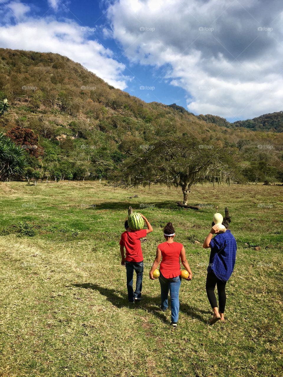 Walking with produce.