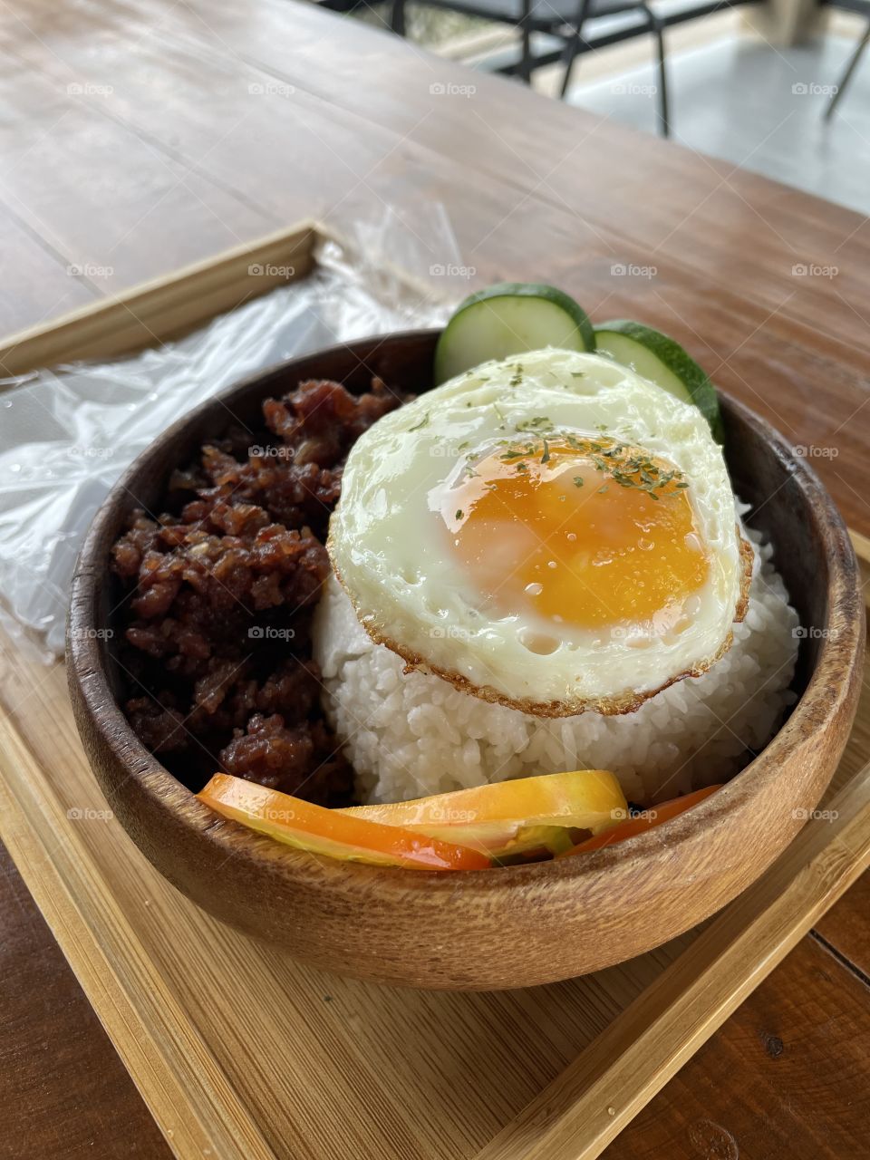 Breakfast set of Chorizo “bungkag” with rice and egg