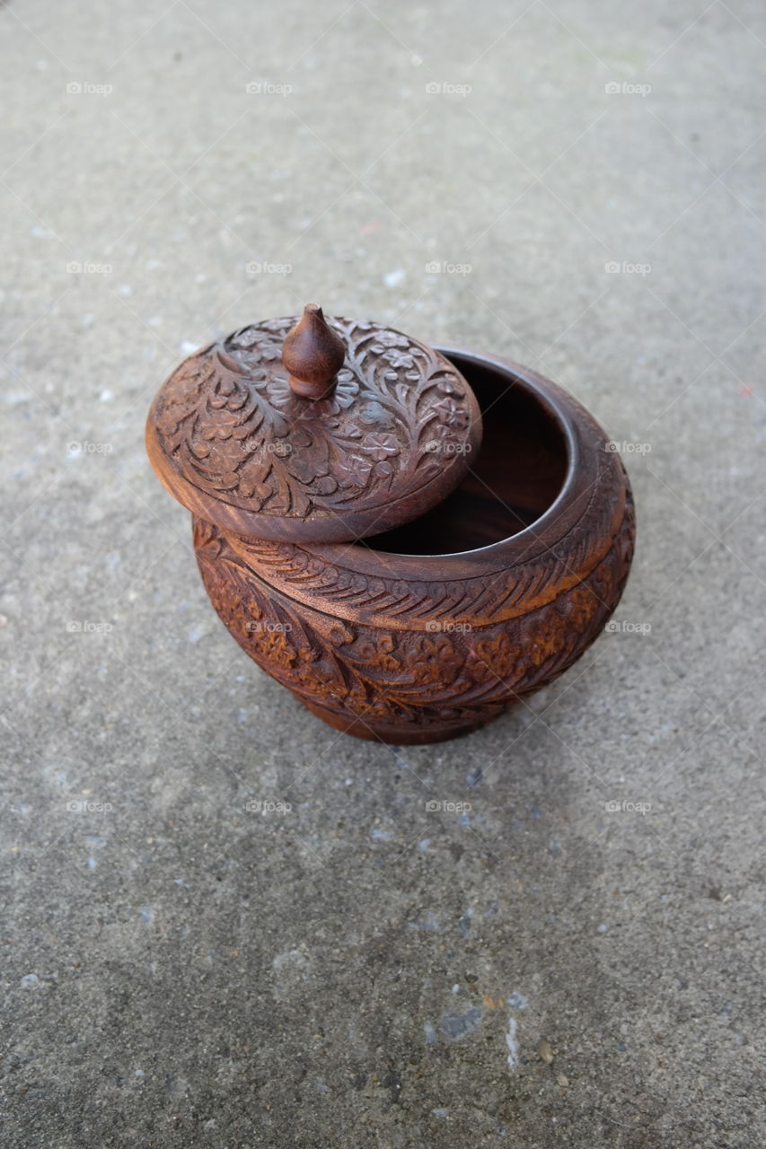 old fashioned wooden ornamental pot