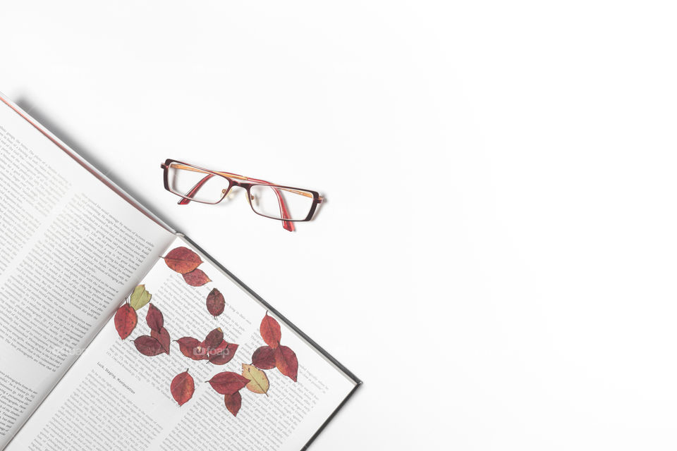 Opened book with leafs on and glasses beside 