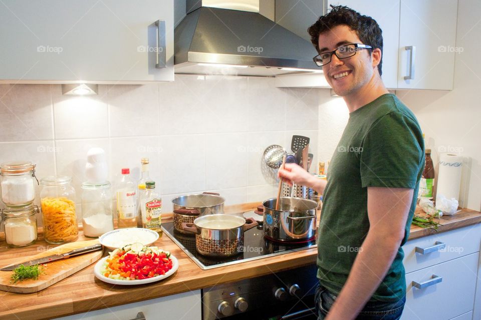 Husband cooking dinner