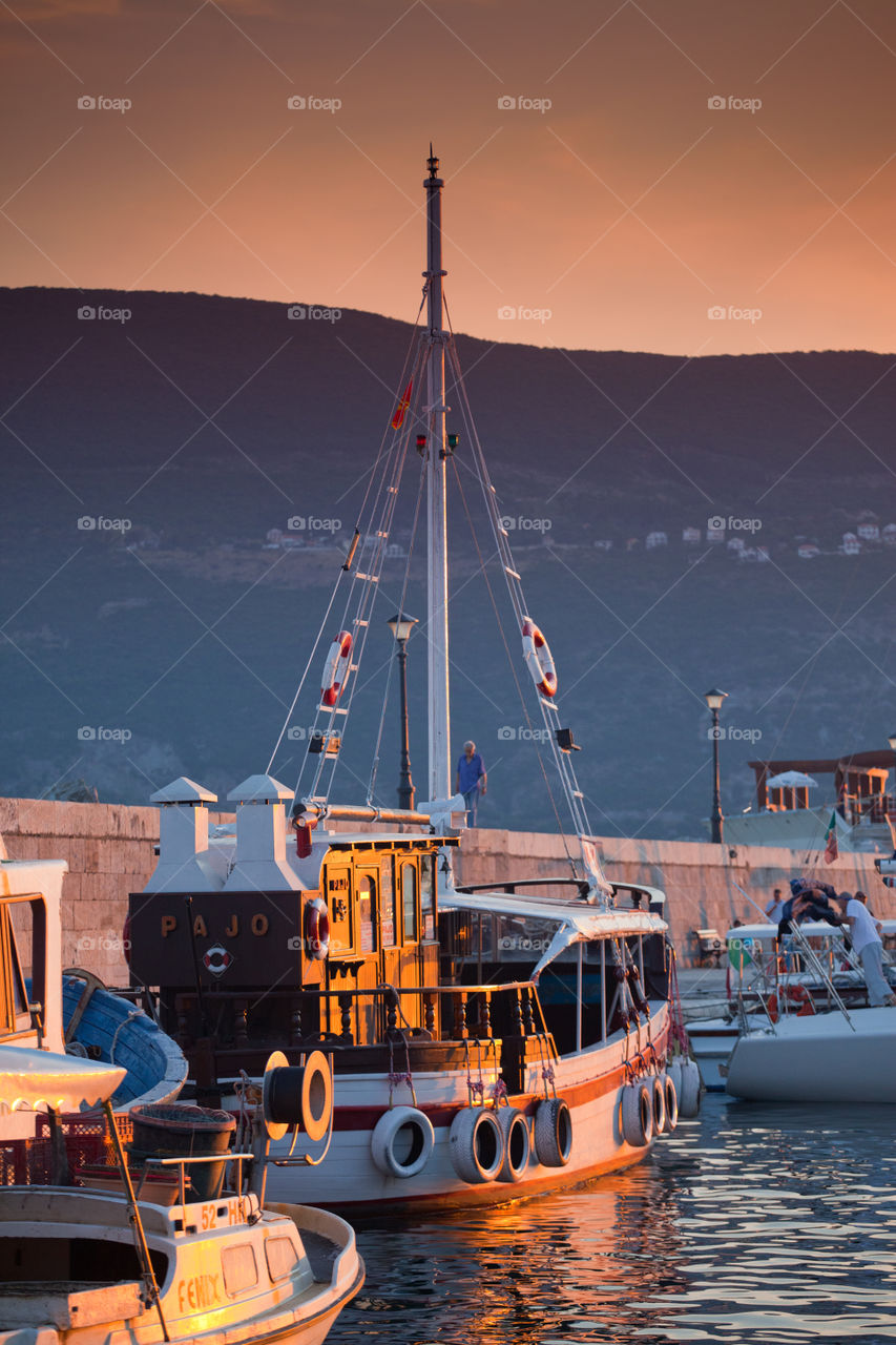 Yachts in Boko Kotor bay at Sunset. Herceg Novi, Montenegro