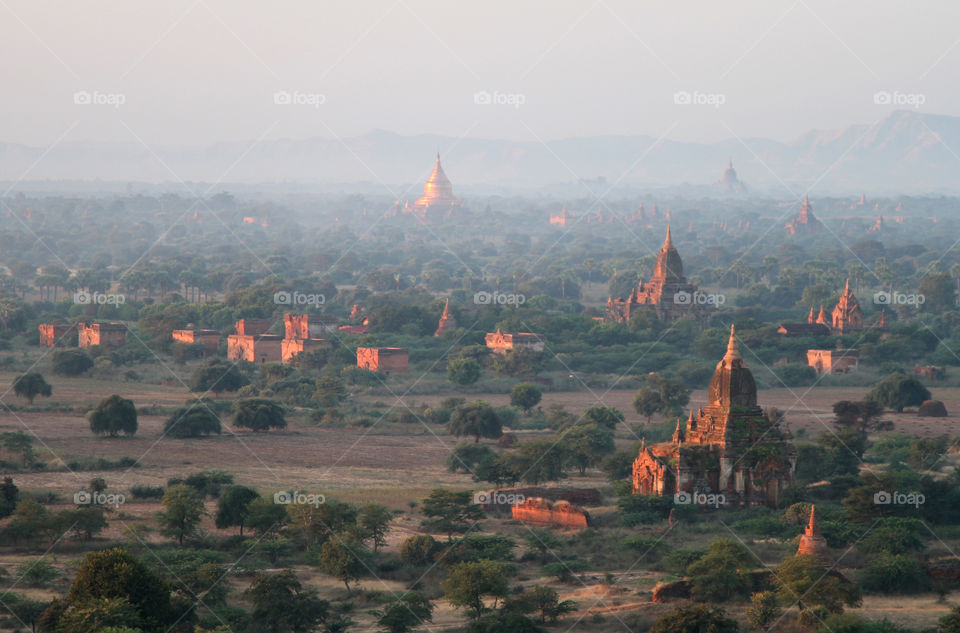 Buddhist temples at Bagan, Myanmar in the early morning light