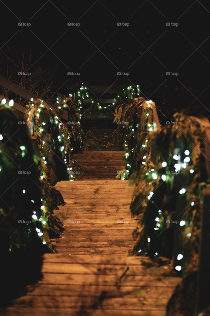 Staircase To Chagrin Waterfalls Wrapped With Lights Taken In Ohio