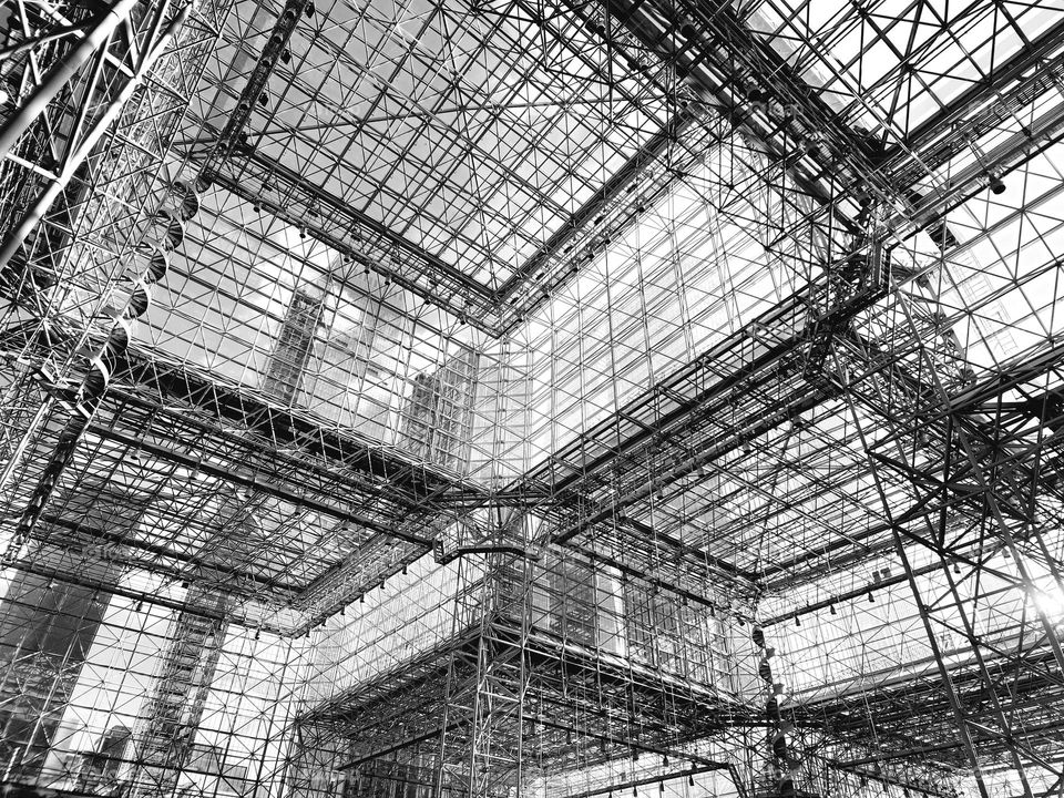 The intricate steel and glass geometric roof design of the Javits Center in New York City is magnificent