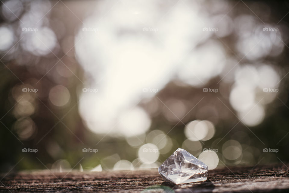 Crystal on wooden bench