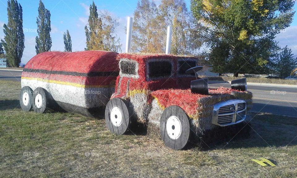 hay bale contest,  tractor made from spray painted hay bales, fall harvest,  Halloween, fall festival, strong imagination