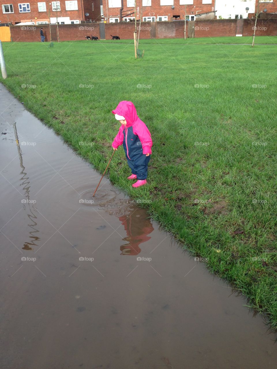 Baby playing with puddle