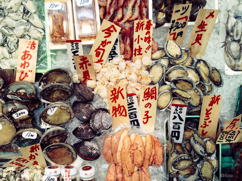 Nishiki market. Shellfish in Nishiki market, Kyoto