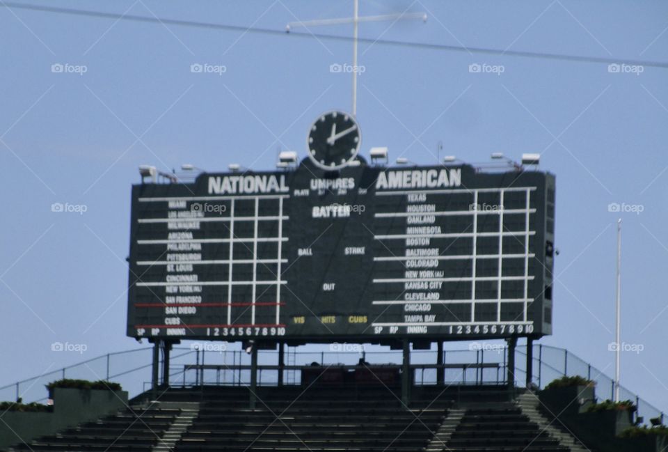 An old-fashioned, hand-turned scoreboard at Wrigley Field, home of the Chicago Cubs baseball team