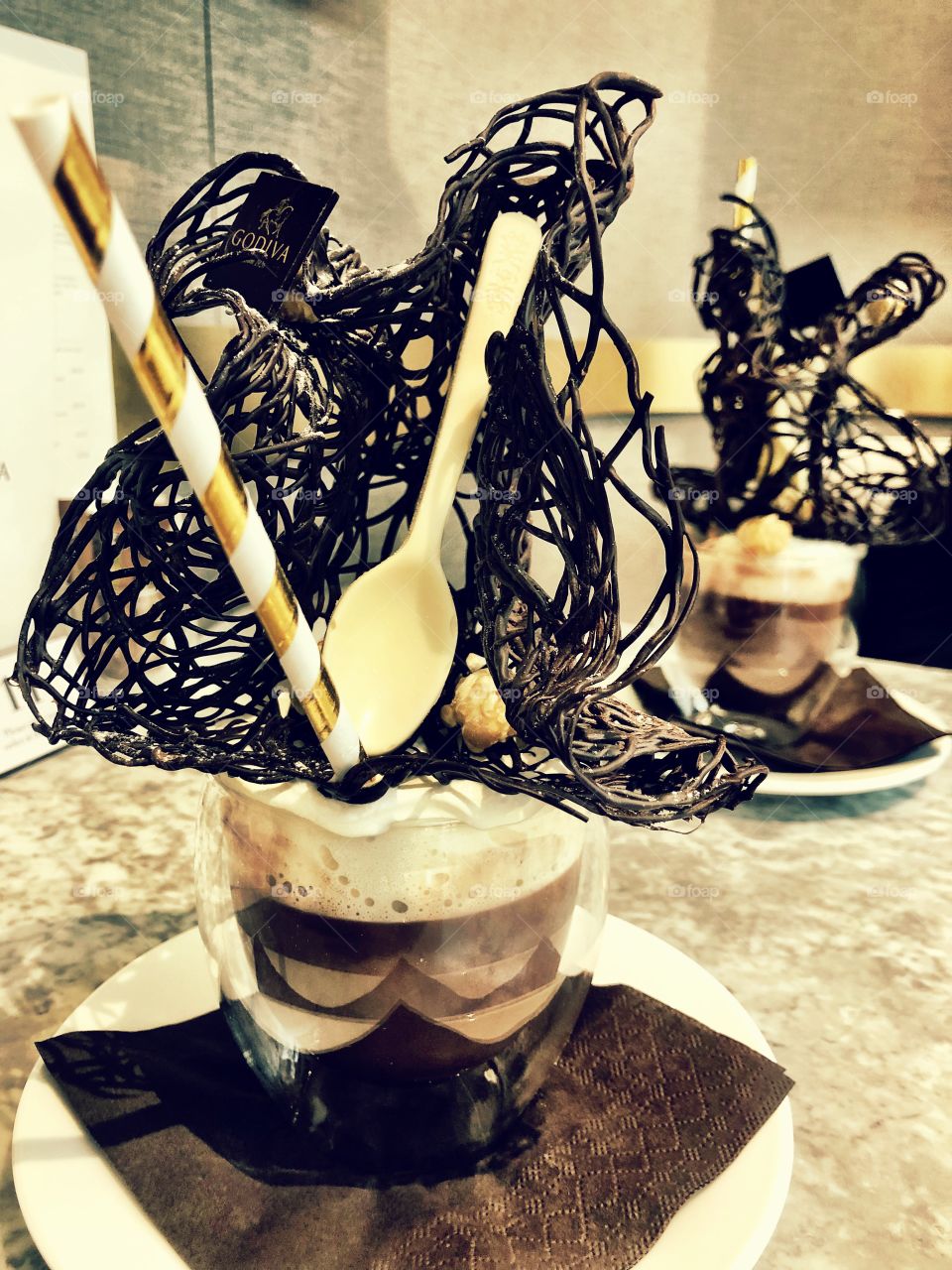 Extravagantly beautiful chocolate work of art, a popcorn hot chocolate. 