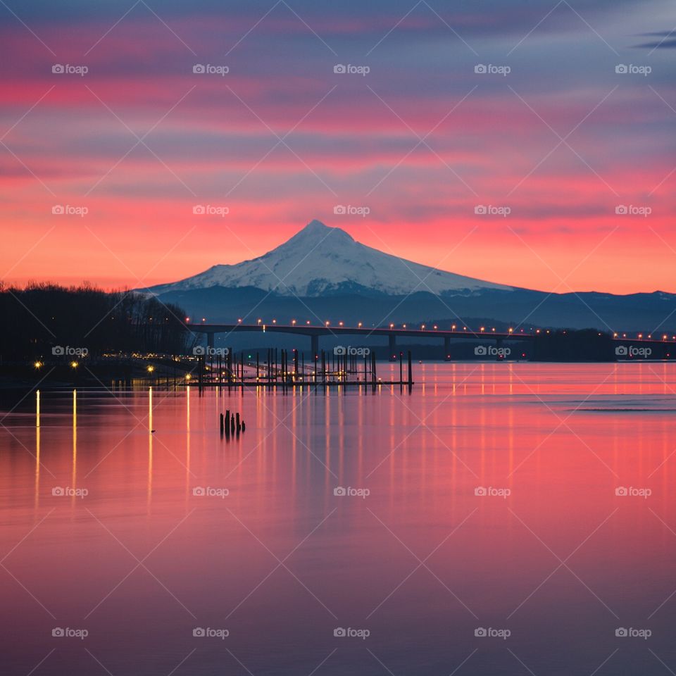 Colorful sunrise over the Columbia River and Mt Hood