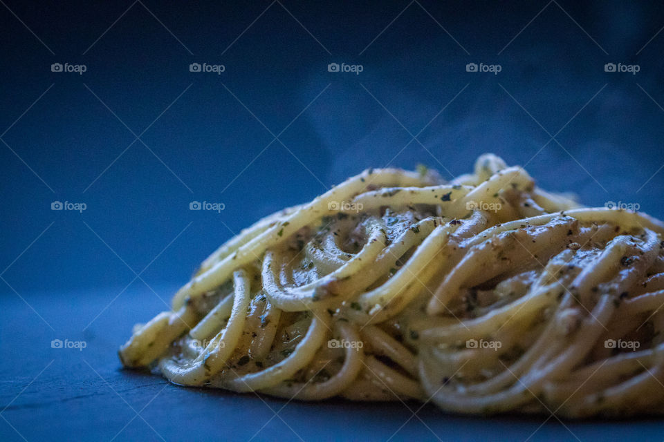 Close-up of steaming spaghetti