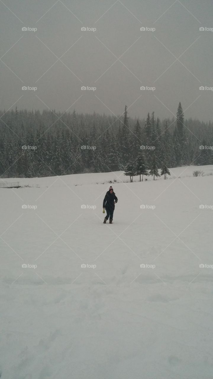 A snow covered lost lake gold course in Whistler, British Columbia. The snow keeps coming down as one layers for the warmth.
