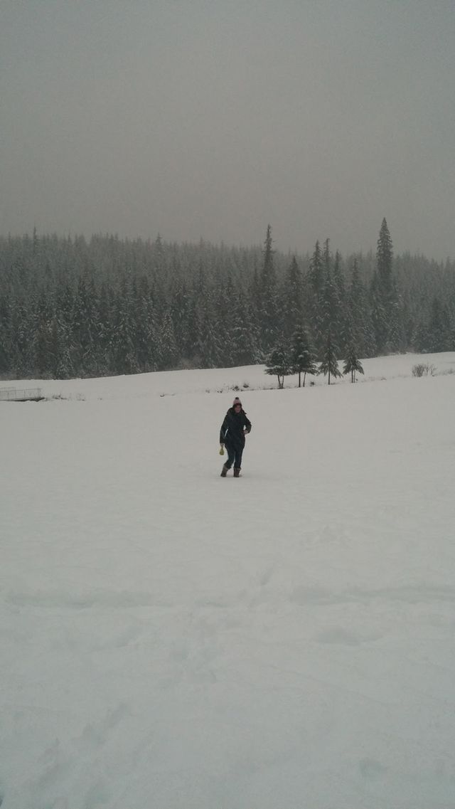 A snow covered lost lake gold course in Whistler, British Columbia. The snow keeps coming down as one layers for the warmth.