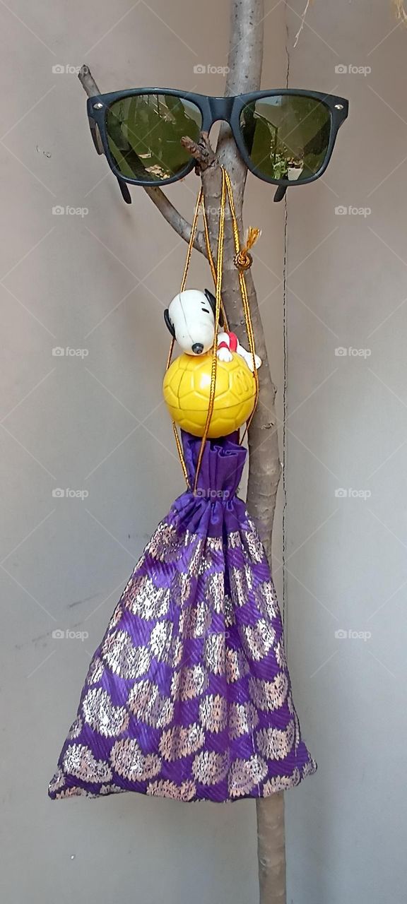 goofy in the center with yellow macdonald ball and potli of purple color on the top sun glasses hanging on a tree for fresh air 🤣🤣🤣🤣🤣