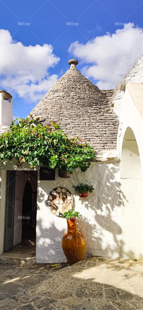 Beautiful ancient white trullo house with conical stone roof, vine bush, front door and large orange pitcher in Alberabello city of Italy, side view closeup. Concept ancient houses, historical houses, italian architecture, single trulli houses.