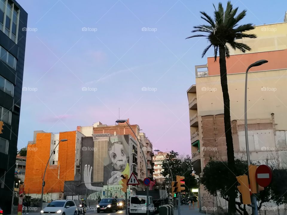 Barcelona neighborhood at sunset