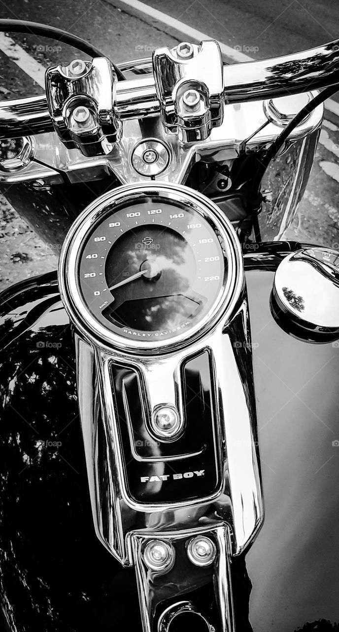 Closeup of Harley Davidson Fat Boy motorcycle speedometer