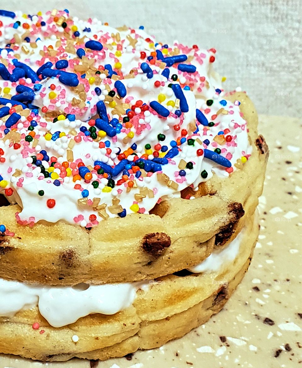 Double Decker Chocolate Chip Waffles with Whipped Cream and Sprinkles--Yum!