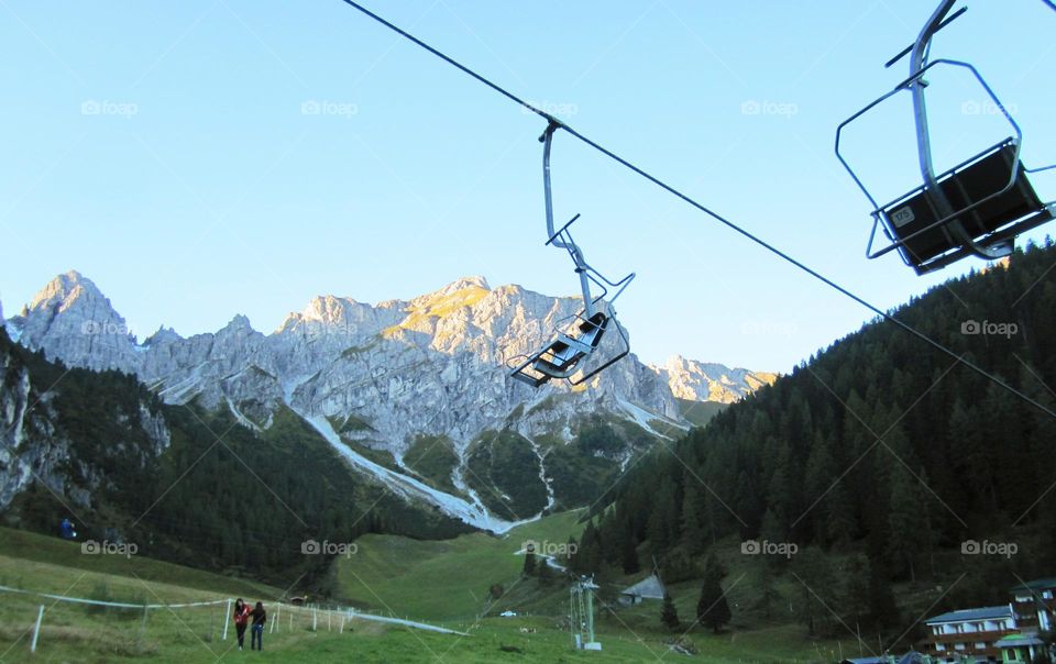 Cable car ride for snow skate in Switzerland.