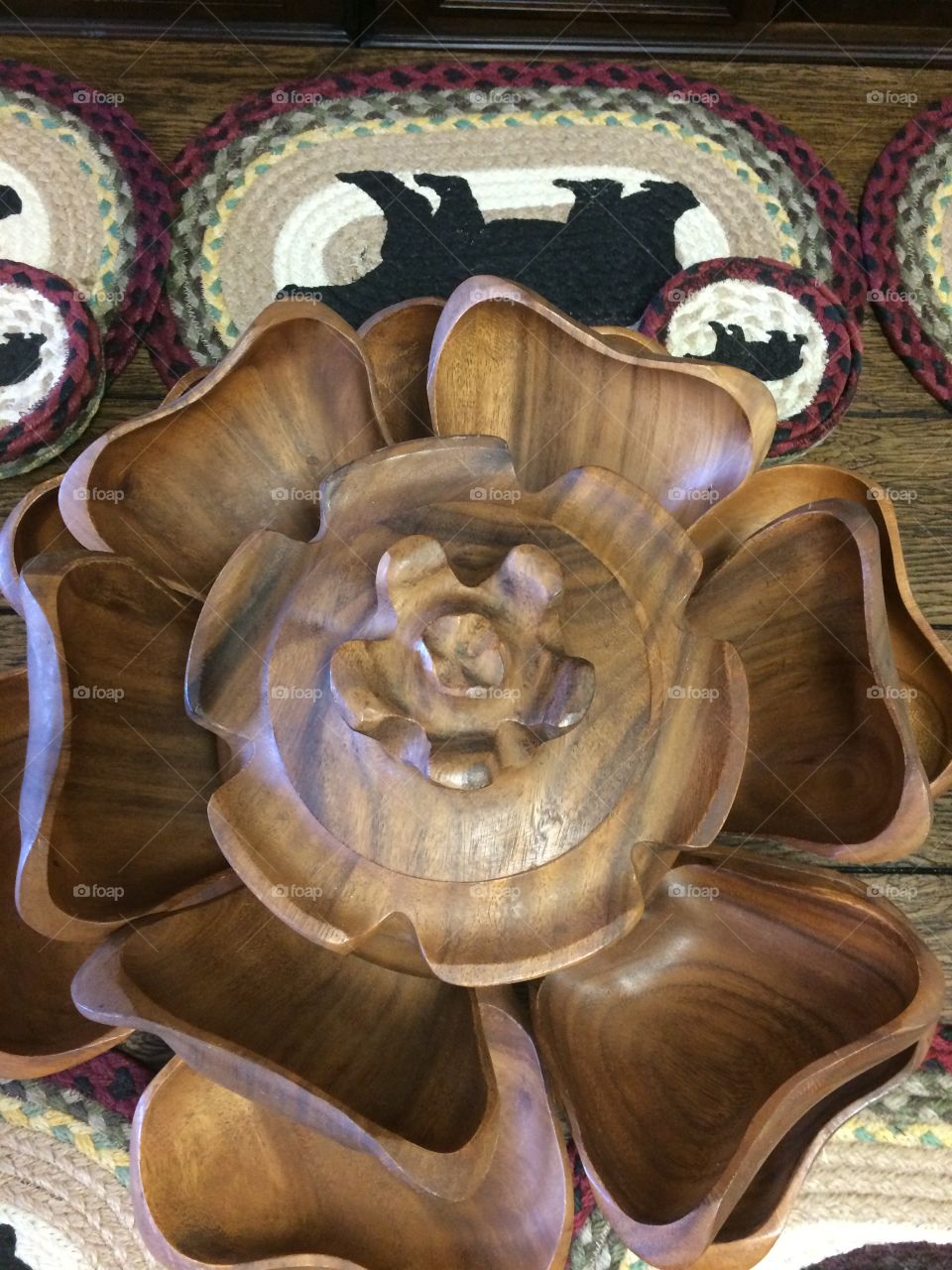 Sculpted wooden rose flower bowl
