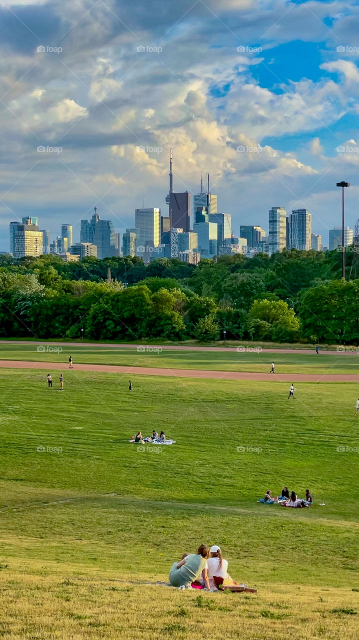 Sitting in the park by the city