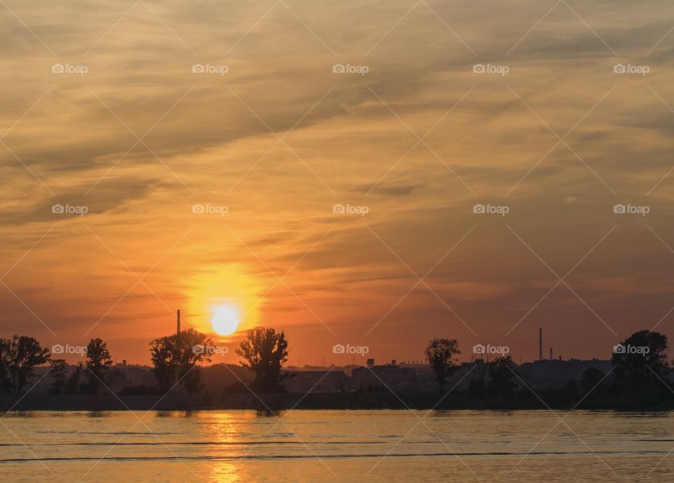 Bright sunset at Volga river 