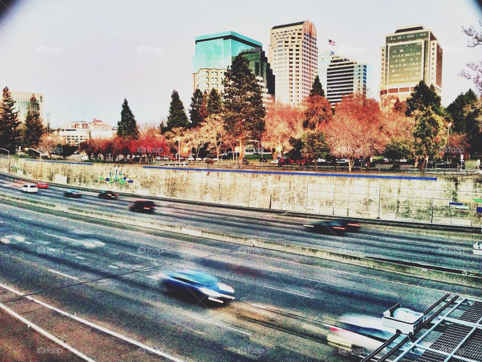 Sacramento skyline over freeway 
