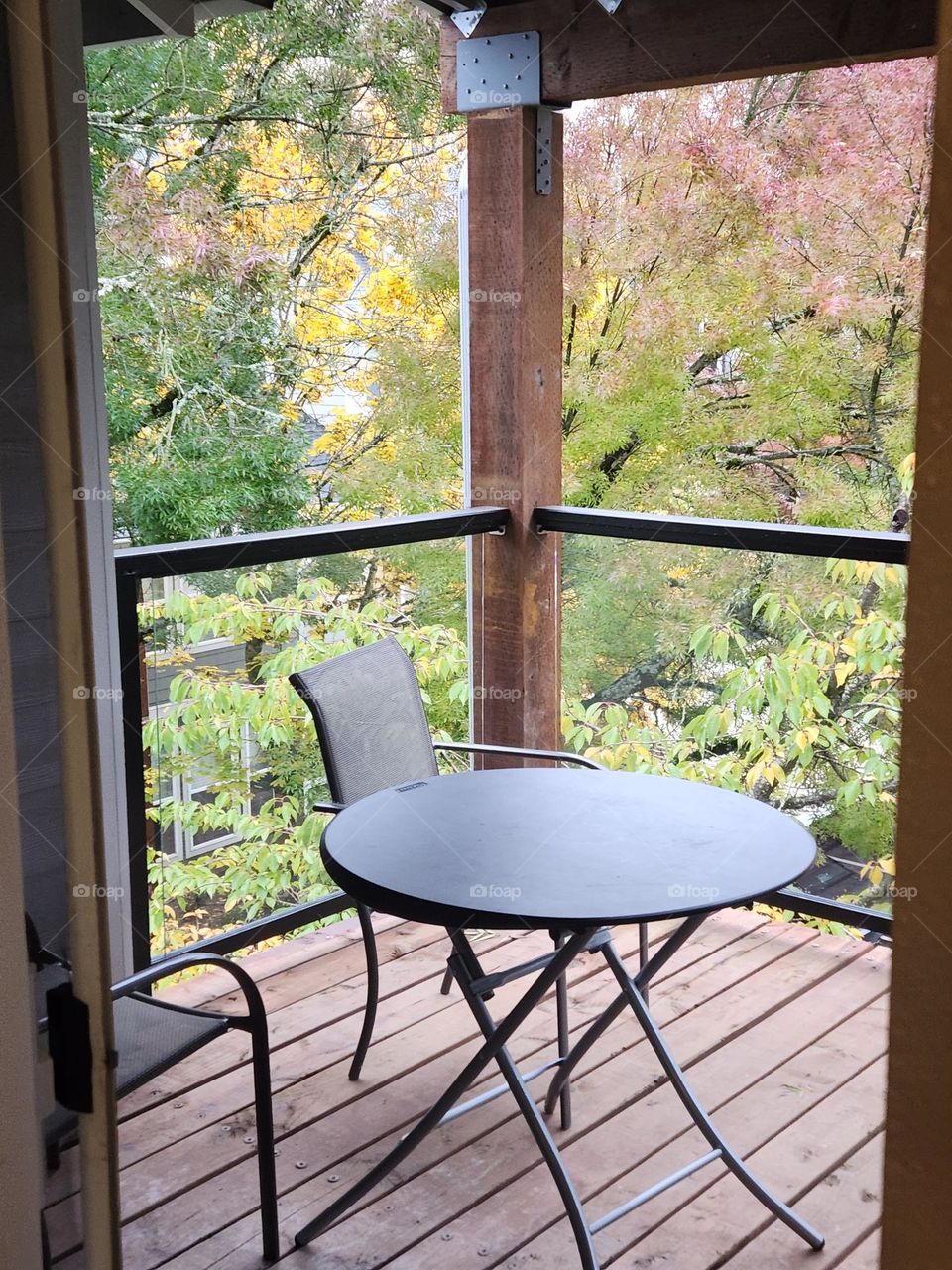 peaceful quiet moments enjoying the view of Autumn foliage from apartment deck in suburban Oregon