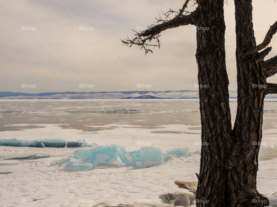 Blue ice hummocks in the strait Maloe sea of lake Baikal. March, Nuran tract, Olkhonsky district, Irkutsk region, Siberia, Russia.