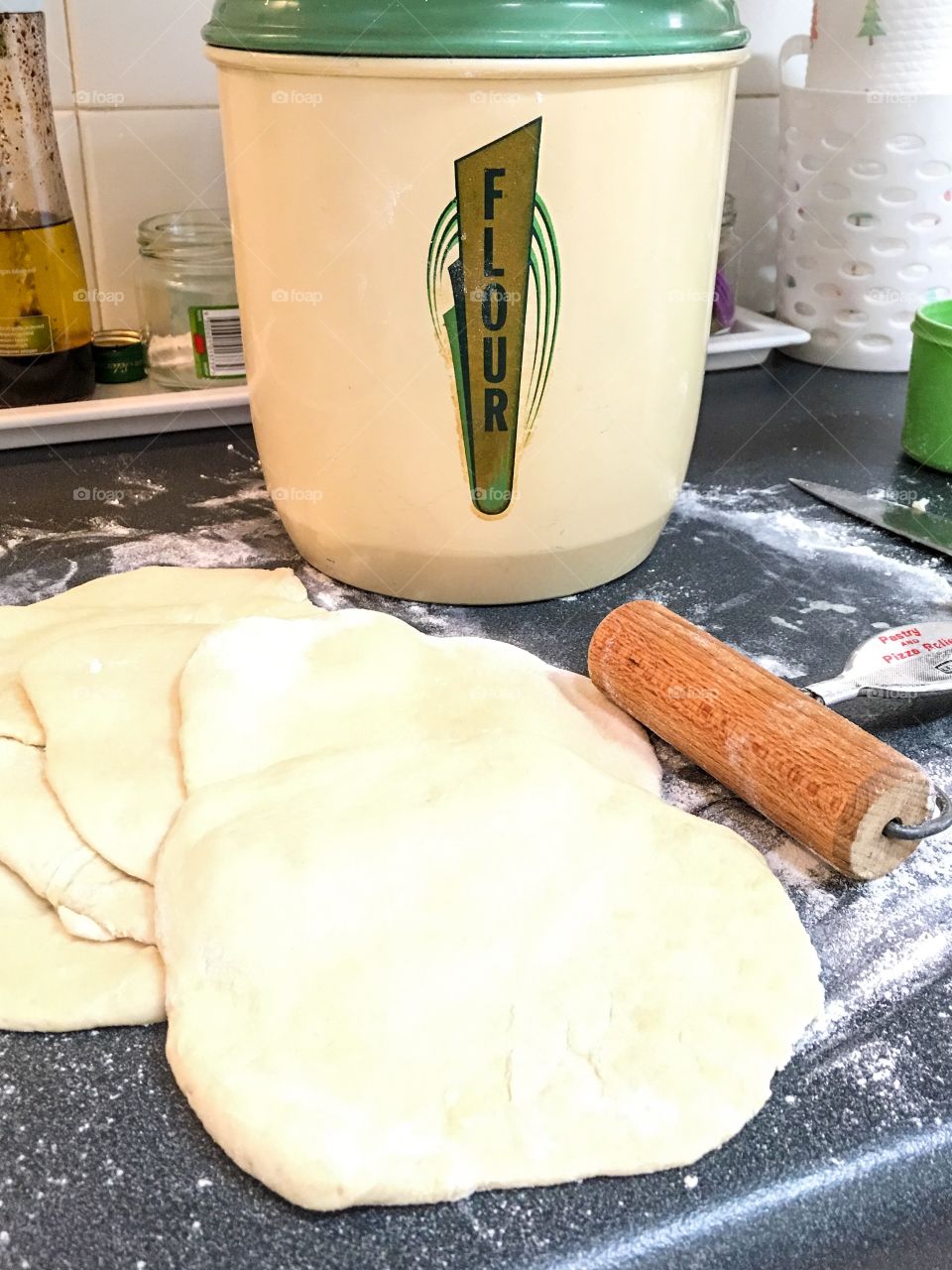 Wood rolling pin, flour dough, pita dough, pita bread, homemade baking, 1940s vintage flour bin canister, 