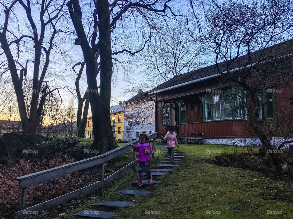 Running down the stairs